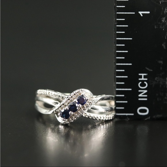 Sapphire & White Topaz 925 Sterling Silver Crossover Ring - Picture 2 of 4